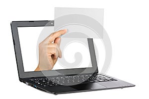Computer Laptop Hand Blank White Card Isolated