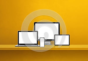 Computer, laptop, mobile phone and digital tablet pc. yellow shelf banner