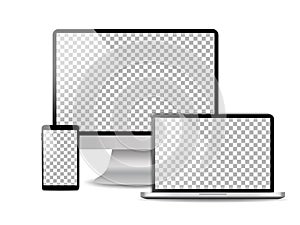 Computer, laptop, mobile phone mockup with blank screen. Set of device template with pc, smartphone, notebook isolated on