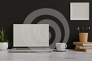 Computer laptop with mock-up screen on marble desk with stationery and decorations, 3D rendering