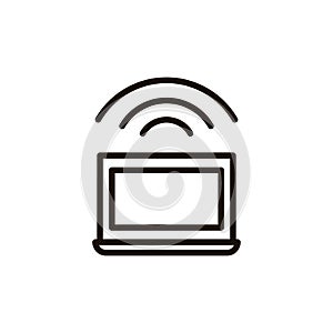 Computer laptop pc vector thin line icon. Device online connected to the internet through wireless waves