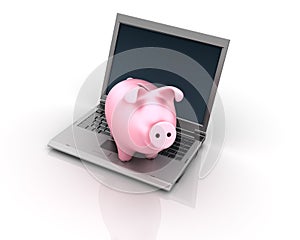 Computer Laptop and Piggy Bank