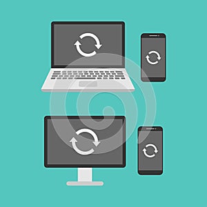 Computer, laptop, smartphone and sync or restart icon vector