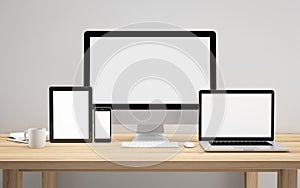 Computer, laptop, smartphone, tablet on workspace mockup design illustration 3D rendering