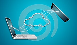 Computer laptop and tablet with cloud network concept