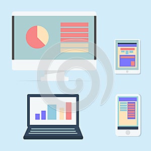 Computer,Laptop,Tablet and Smart phone isolated blue background