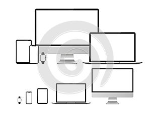 Computer, laptop, tablet, smartphone and smart watch device with blank white screen. Devices mockup for presentation isolated