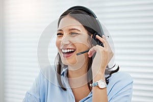 Computer, laughing or happy woman consultant in call center talking or networking online in telecom. Funny joke, support