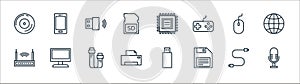 computer line icons. linear set. quality vector line set such as microphone, floppy disc, printer, router, mouse, wireless, cpu