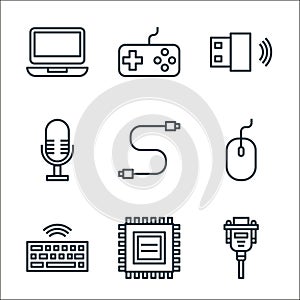 computer line icons. linear set. quality vector line set such as vga cable, cpu tower, wireless keyboard, mouse, usb cable,