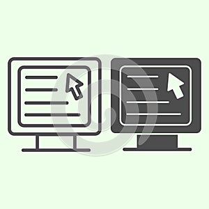 Computer line and solid icon. Webpage with cursor on monitor outline style pictogram on white background. Education web