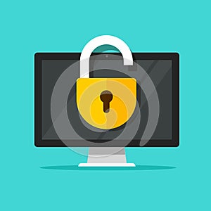 Computer lock open on display vector illustration, flat cartoon pc screen with open padlock icon, authentication or
