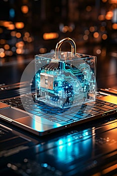 Computer with lock on top of it on table. Generative AI