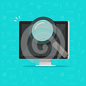 Computer with magnifying glass vector illustration, flat cartoon concept of search or testing technology, pc security