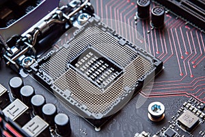 computer mainboard. Electronic printed circuit board chemicon cpu