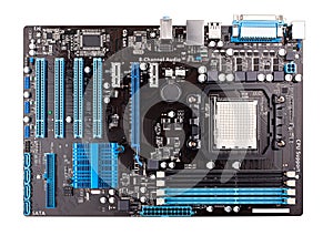 Computer mainboard or motherboard with blue cpu sockets of a pc isolated white background. pc hardware concept