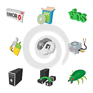 Computer maintenance icons set, cartoon style