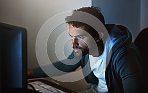 Computer, man or hacker at night for cyber security, coding, software and programming malware. Technology, male person