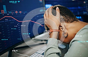 Computer, market crash data and business person sad over stock exchange error, investment numbers or finance debt