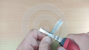 Computer master cuts the rj-45 internet connector with wire cutters