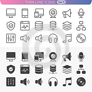 Computer and media line icon set