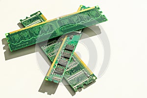 Computer memory card Close up memory socket on board computer server RAM on white background . system, main memory