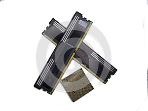 computer memory modules and central processing unit on a white background
