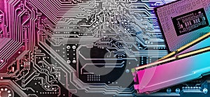 Computer memory and processor on circuit motherboard background