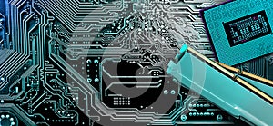 Computer memory and processor on circuit motherboard background