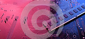 Computer memory RAM on circuit motherboard background . Close up. system, main memory, random access memory, onboard, computer