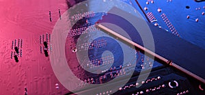 Computer memory RAM on circuit motherboard background . Close up. system, main memory, random access memory, onboard, computer