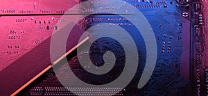 Computer memory RAM on circuit motherboard background . Close up. system, main memory, random access memory, onboard, computer