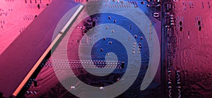 Computer memory RAM on circuit motherboard background . Close up. system, main memory, random access memory, onboard, computer