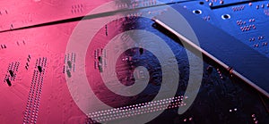 Computer memory RAM on circuit motherboard background . Close up. system, main memory, random access memory, onboard, computer