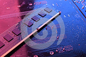 Computer memory RAM on circuit motherboard background . Close up. system, main memory, random access memory, onboard, computer