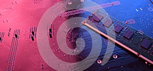 Computer memory RAM on circuit motherboard background . Close up. system, main memory, random access memory, onboard, computer