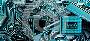 Computer memory, video card and processor on circuit motherboard