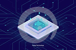 Computer microchip cpu, isometric icon, abstract concept of computing, data processing, digital technology element for