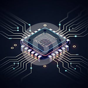 A computer microchip is depicted in the center of a dark background. The square chip