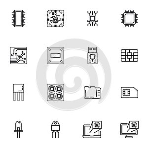 Computer microchip line icons set