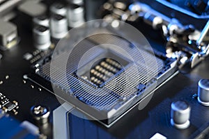 Computer microchip on the system board. Silicon chip  hardware data processing