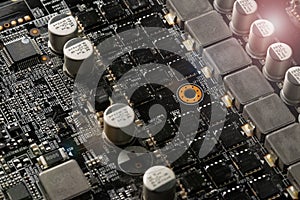 Computer Microchips on Electronic circuit board. Technology microelectronics concept background.