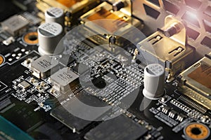 Computer Microchips on Electronic circuit board. Technology microelectronics concept background.