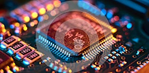 Computer Microchips and Processors on Electronic circuit board. Abstract technology microelectronics concept background. Macro photo