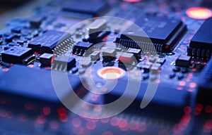 Computer Microchips and Processors on Electronic circuit board. Computer hardware technology. Abstract technology microelectronics