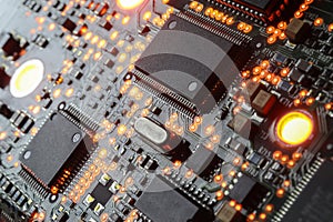 Computer Microchips and Processors on Electronic circuit board. Computer hardware technology. Abstract technology microelectronics