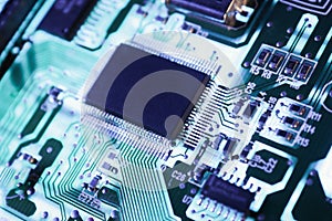 Computer Microchips and Processors on Electronic circuit board. Computer hardware technology. Abstract technology microelectronics