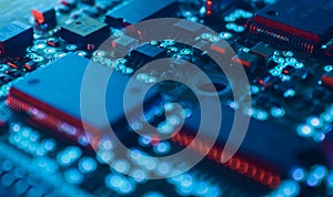 Computer Microchips and Processors on Electronic circuit board. Computer hardware technology. Abstract technology microelectronics
