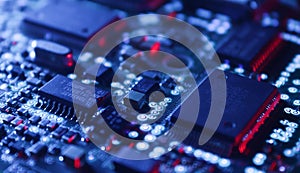 Computer Microchips and Processors on Electronic circuit board. Computer hardware technology. Abstract technology microelectronics