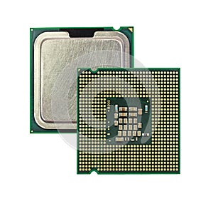 Computer microprocessors, isolated on a white background.